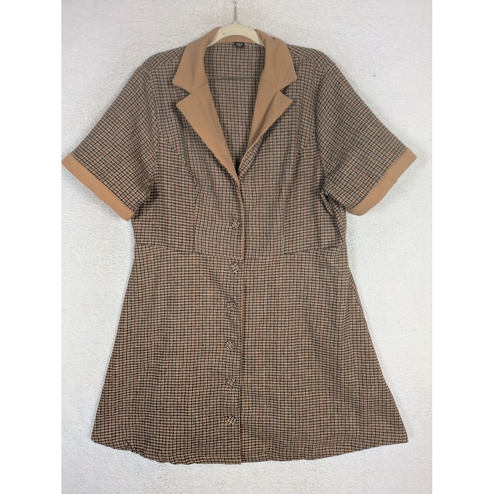SHEIN Curve Dress Women's 1XL Brown Houndstooth Lapel Wool Blend Button Up